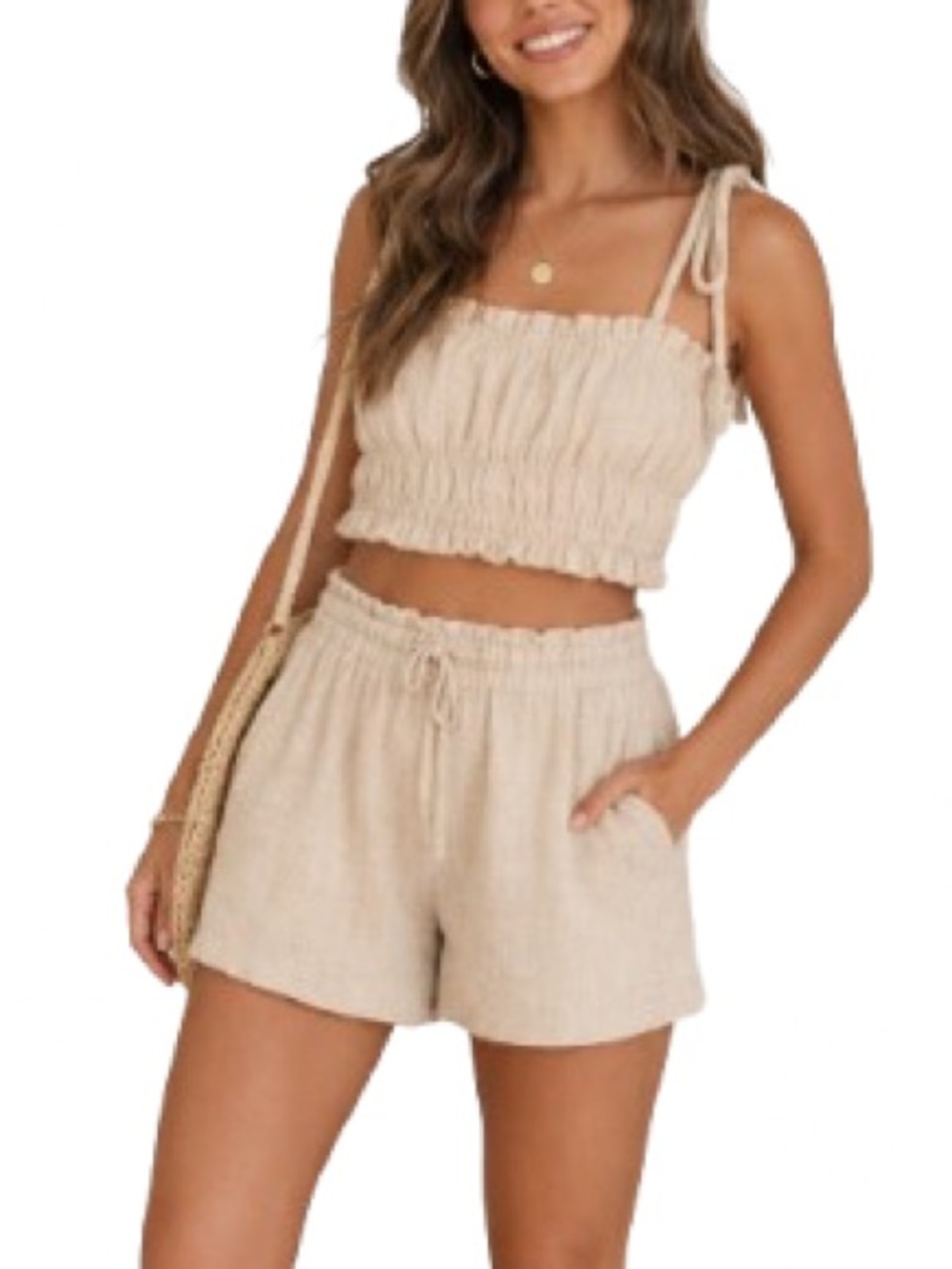 Current Air Anthropologie Beige Smocked Crop Top Shorts Matching Set Small